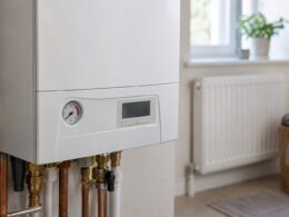Panel y manómetro de una caldera mural cerrada con un radiador desenfocado al fondo