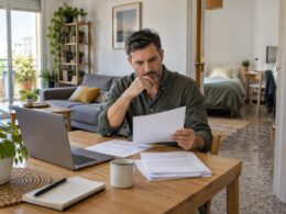 Propietario revisa documentos de alquiler en un piso compartido con una habitación al fondo