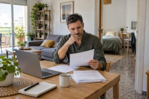 Propietario revisa documentos de alquiler en un piso compartido con una habitación al fondo