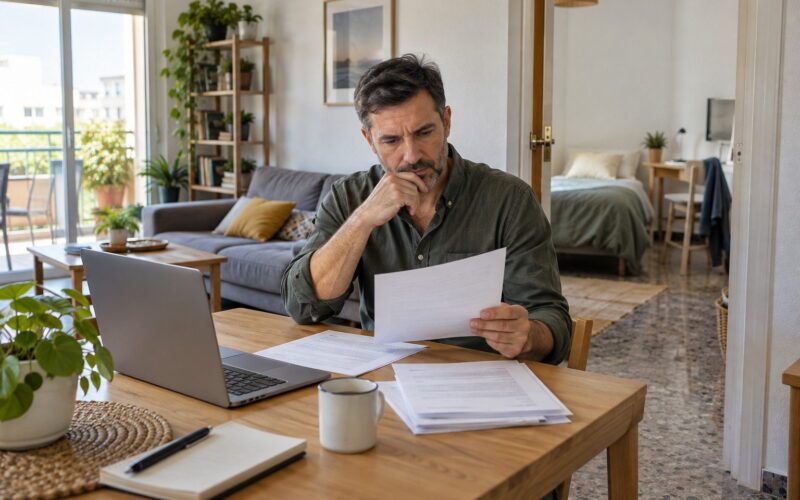 Propietario revisa documentos de alquiler en un piso compartido con una habitación al fondo