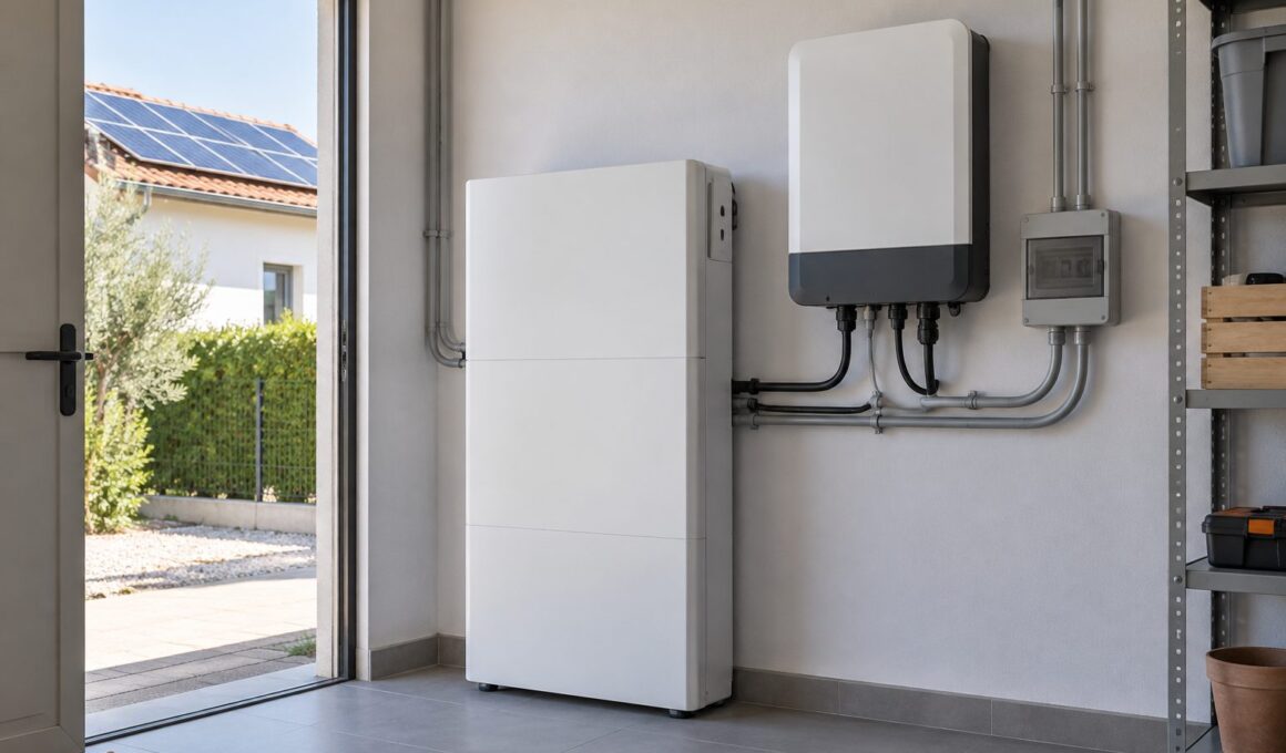 Batería doméstica e inversor en un cuarto técnico con paneles solares visibles al exterior