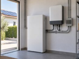 Batería doméstica e inversor en un cuarto técnico con paneles solares visibles al exterior