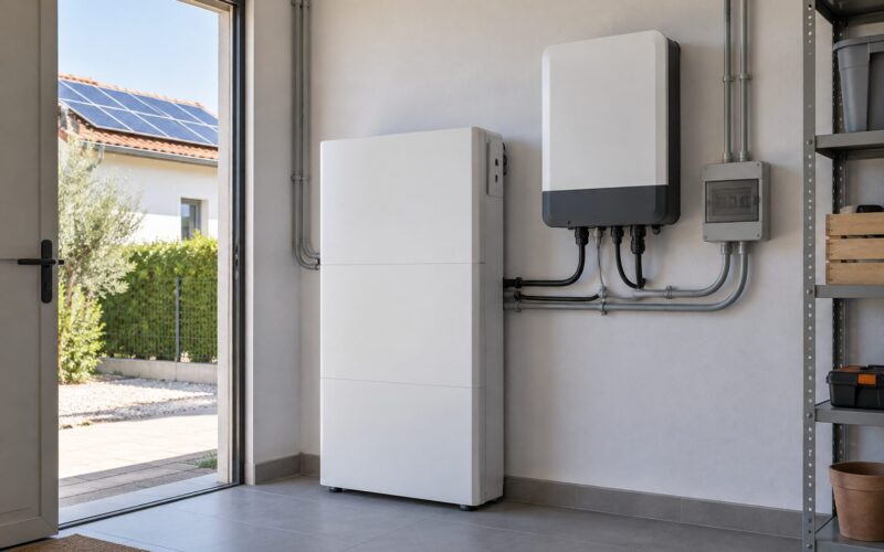 Batería doméstica e inversor en un cuarto técnico con paneles solares visibles al exterior