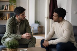 Dos compañeros de piso manteniendo una conversación seria y respetuosa en el salón