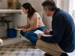 Propietario e inquilina revisando una pequeña avería y tomando notas en una vivienda