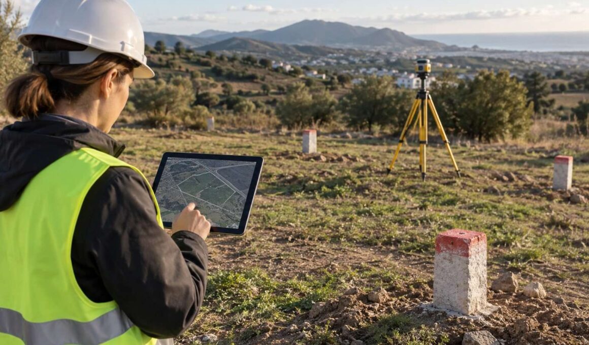 Técnica de topografía revisa sobre el terreno una tableta con el plano de una parcela y mojones visibles