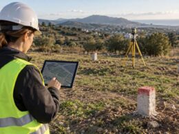 Técnica de topografía revisa sobre el terreno una tableta con el plano de una parcela y mojones visibles