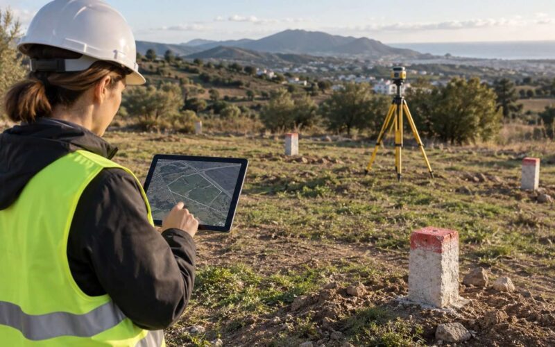 Técnica de topografía revisa sobre el terreno una tableta con el plano de una parcela y mojones visibles