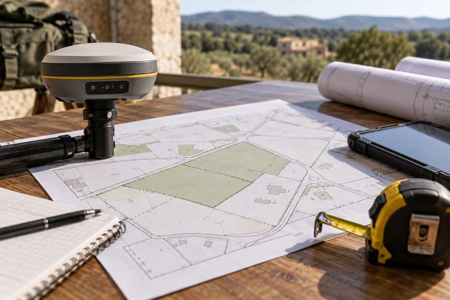 Plano parcelario, receptor GNSS y cinta métrica sobre una mesa de trabajo, sin datos ni textos legibles